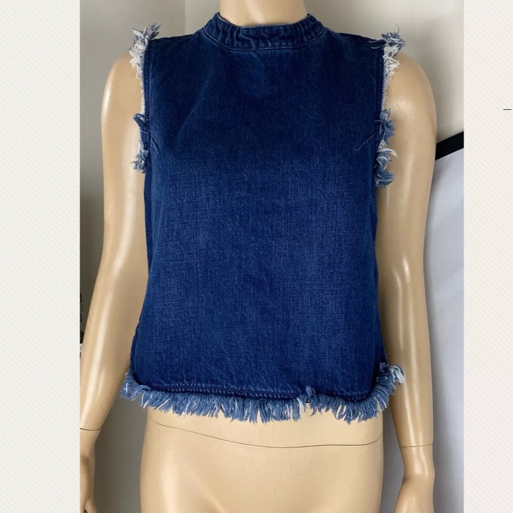 Gap 1969 XS Denim Sleeveless Mock Neck Crop Tank Partial Zip Back Fringe Accents